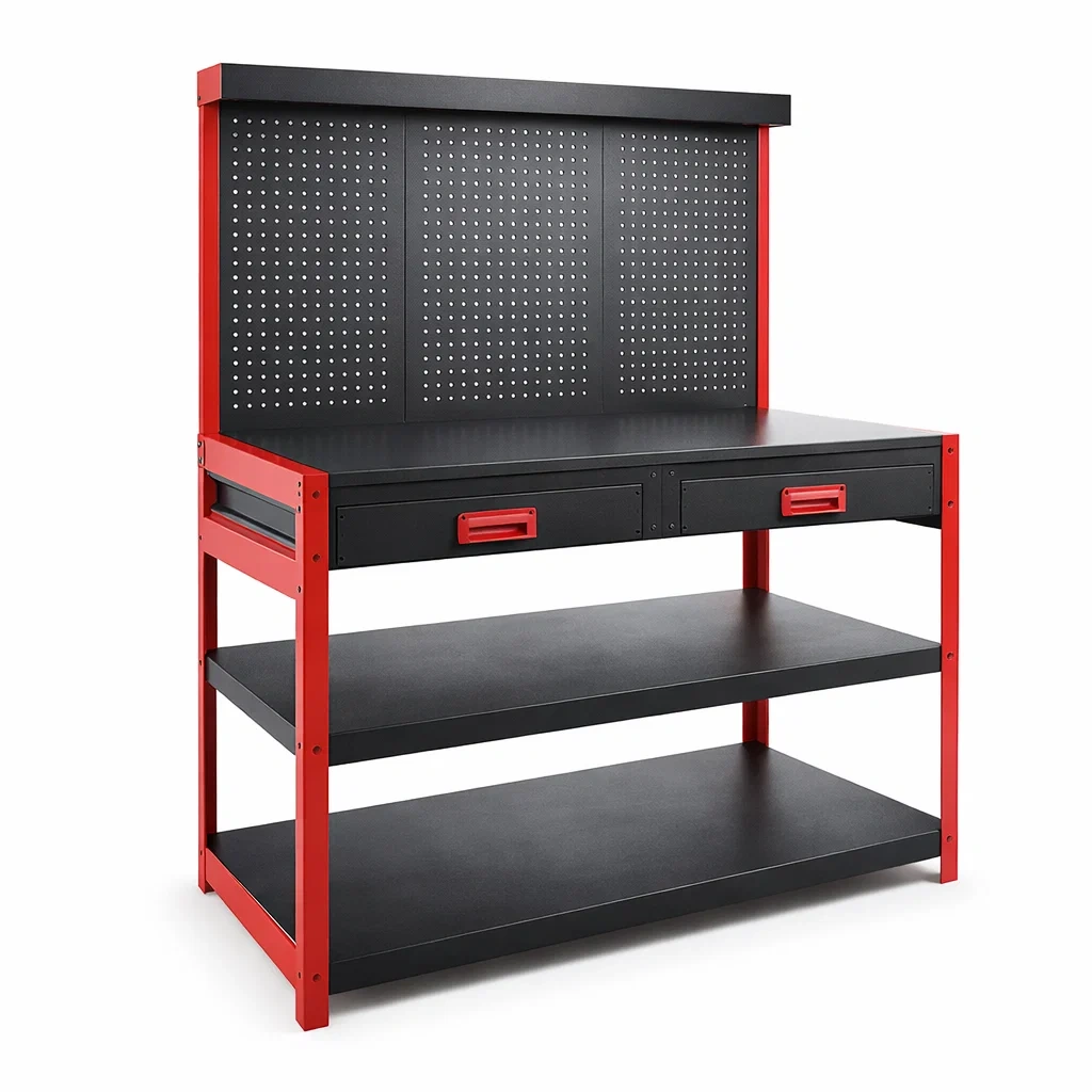 Banco da lavoro in metallo e MDF nero rosso con cassetti 120x60x150 cm-LUXEVIBEHUB