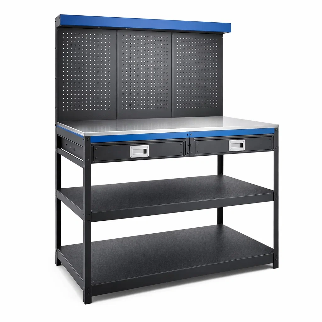 Banco da lavoro in metallo nero con cassetti e mensole 120x60x160 cm-LUXEVIBEHUB