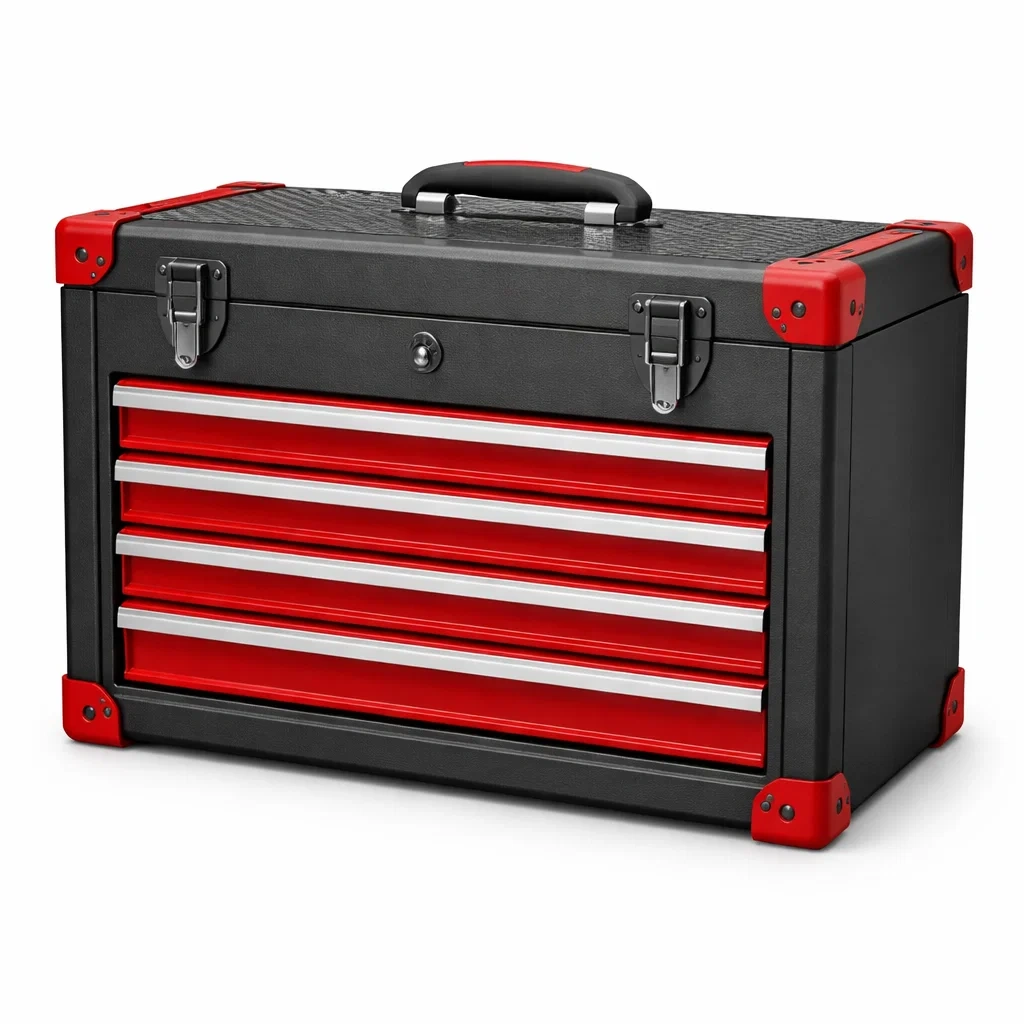 Cassetta degli attrezzi in acciaio nero rosso con serratura e 4 cassetti-LUXEVIBEHUB