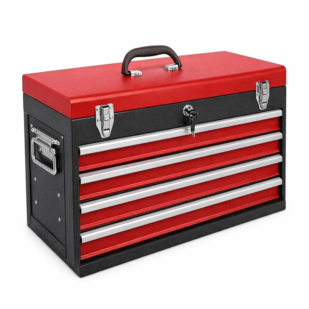 Cassetta degli attrezzi in acciaio con 4 cassetti rosso e nero-LUXEVIBEHUB