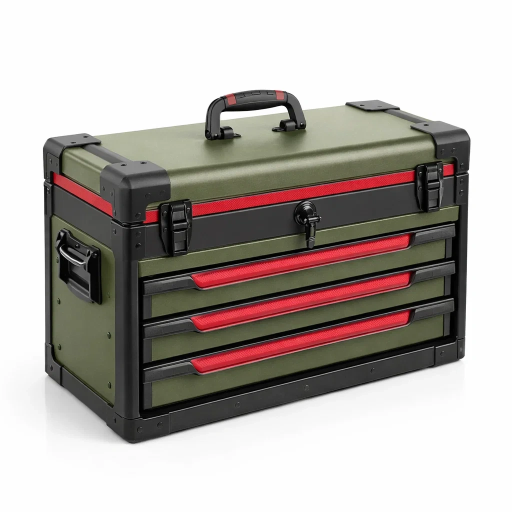 Cassetta degli attrezzi in metallo verde con 3 cassetti-LUXEVIBEHUB