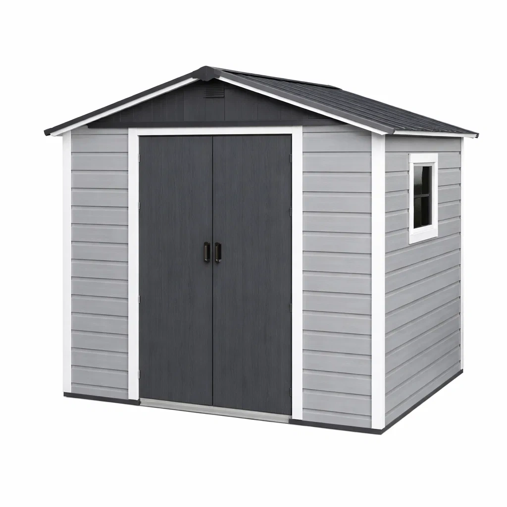 Casetta da giardino in resina con finestra grigio e nero-LUXEVIBEHUB