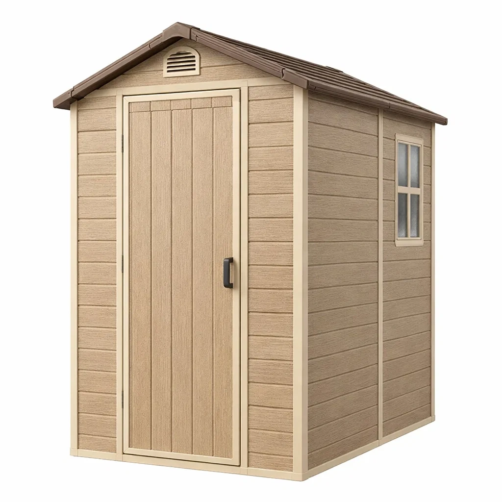 Casetta da giardino in resina marrone e crema con finestra 200x130x190 cm-LUXEVIBEHUB