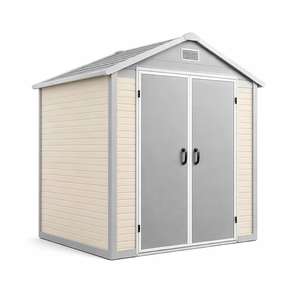 Casetta da giardino in resina e acciaio grigio beige-LUXEVIBEHUB