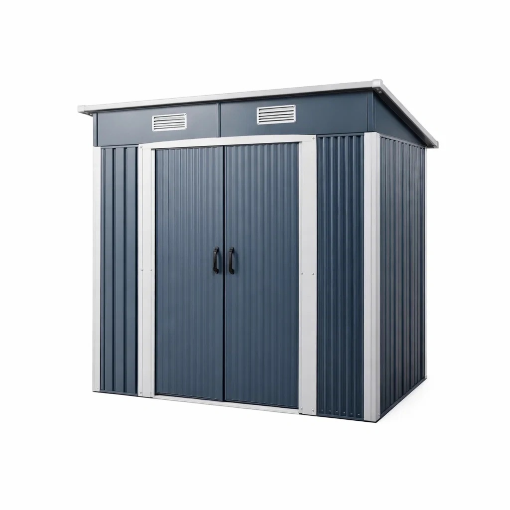 Casetta da giardino in metallo con ventilazione e doppie porte blu-LUXEVIBEHUB