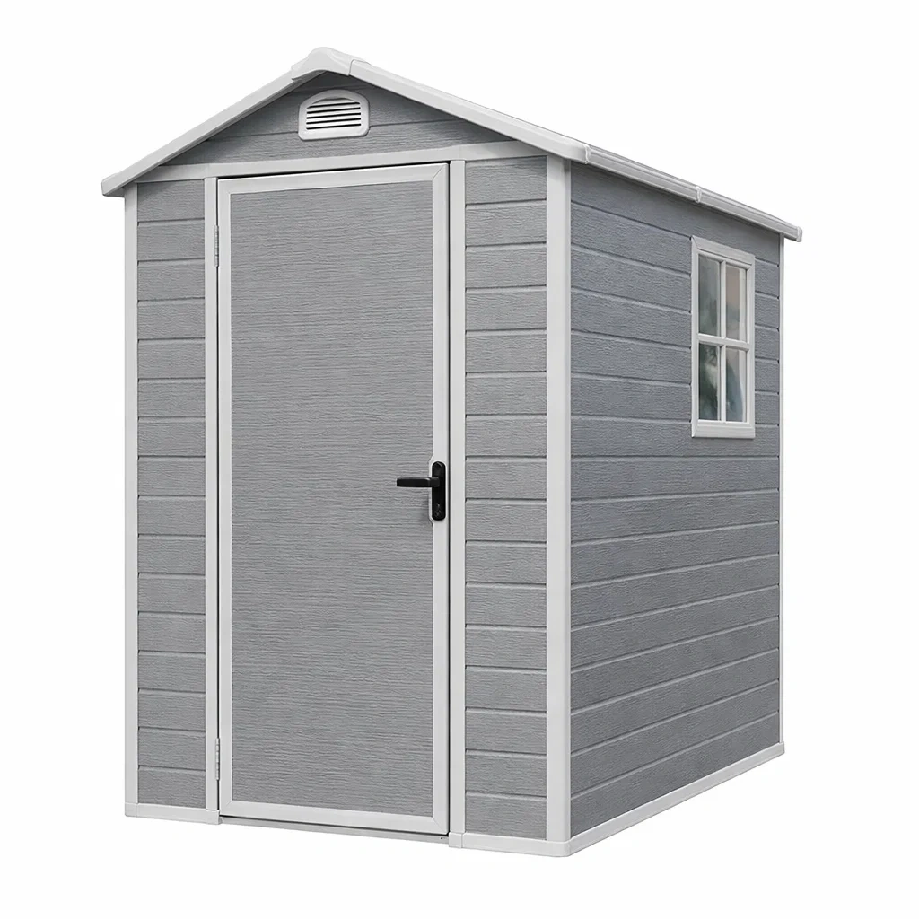 Casetta da giardino in resina grigio con porta e finestra-LUXEVIBEHUB