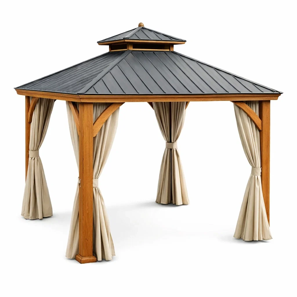 Gazebo in legno con tetto in acciaio e tende beige-LUXEVIBEHUB