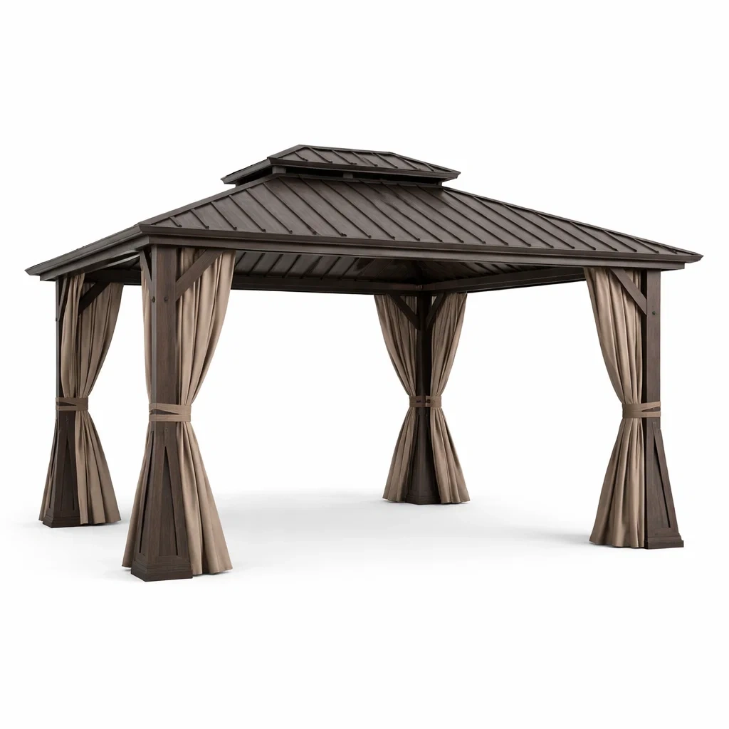 Gazebo in alluminio con tendaggi in poliestere marrone e beige-LUXEVIBEHUB