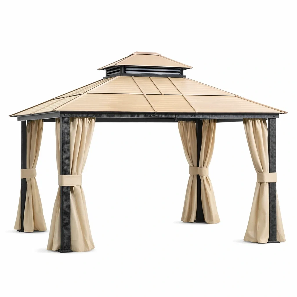 Gazebo in acciaio con tetto e tende beige-LUXEVIBEHUB