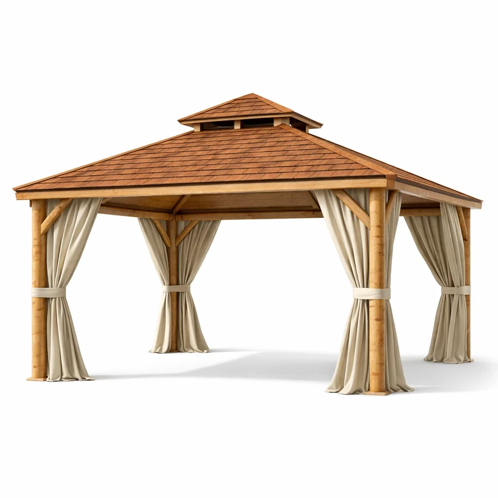Gazebo in legno con tegole bituminose e tende beige 4x4x3.5 m-LUXEVIBEHUB