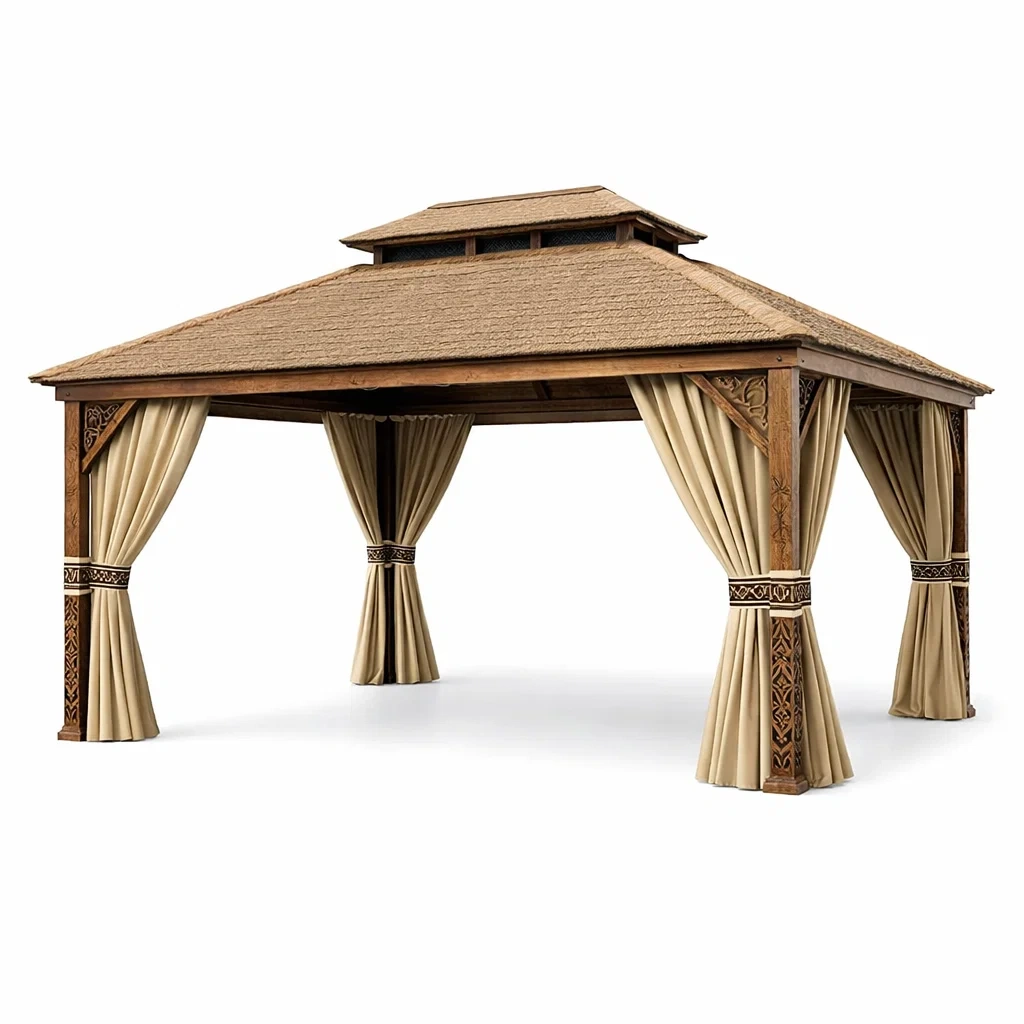 Gazebo in legno con tetto di paglia e tende in poliestere beige-LUXEVIBEHUB