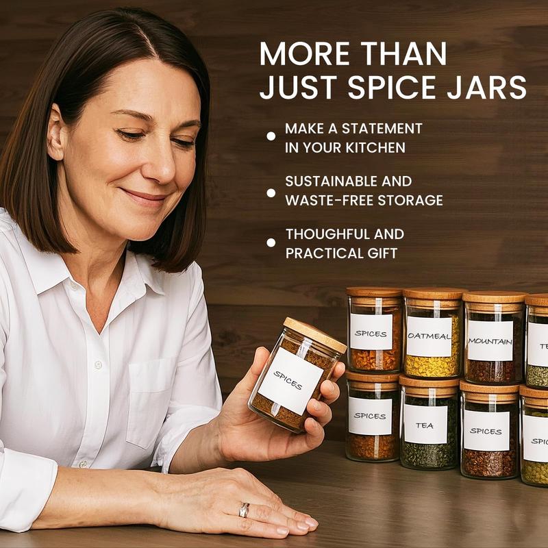 200ml Spice Organiser, 12 Set Glass Jars with Lids,with Labels Small Food Cereal Storage Canister Containers for Home Kitchen Tea Herbs Coffee Flour Herbs Grains