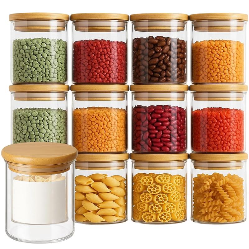 200ml Spice Organiser, 12 Set Glass Jars with Lids,with Labels Small Food Cereal Storage Canister Containers for Home Kitchen Tea Herbs Coffee Flour Herbs Grains