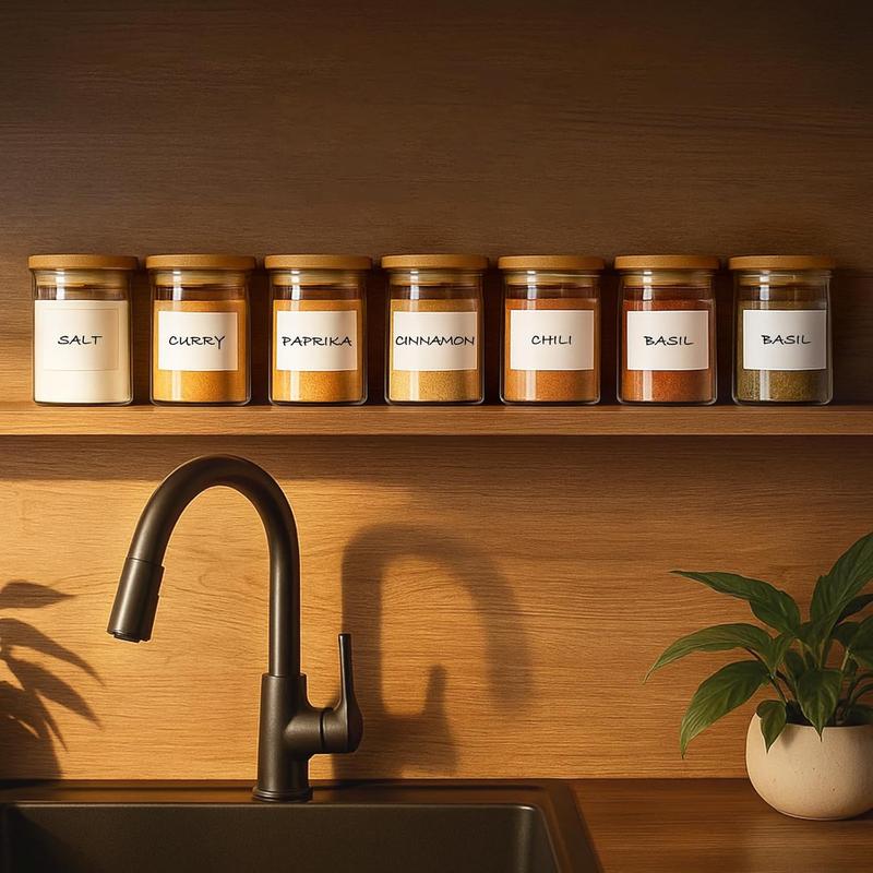 200ml Spice Organiser, 12 Set Glass Jars with Lids,with Labels Small Food Cereal Storage Canister Containers for Home Kitchen Tea Herbs Coffee Flour Herbs Grains