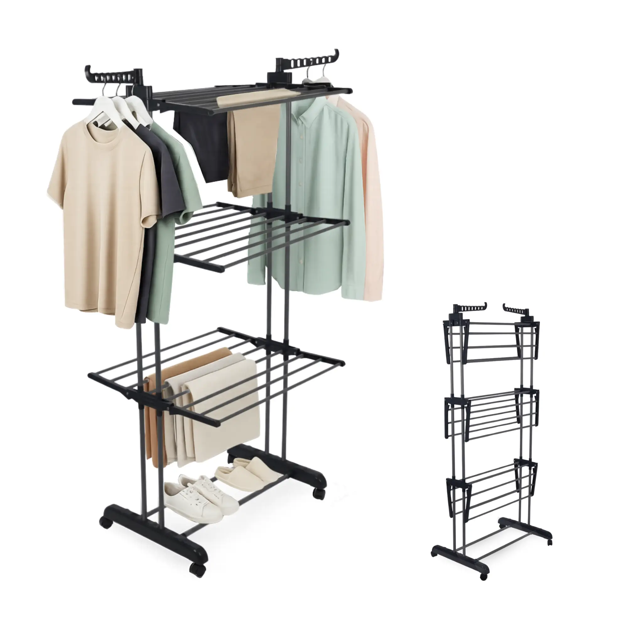 4-Tier Winged Clothes Airer – Foldable Clothes Drying Rack with Wheels for Indoor/Outdoor Use, Heavy-Duty Laundry Airer, Dryer rack, 76×50×172 cm