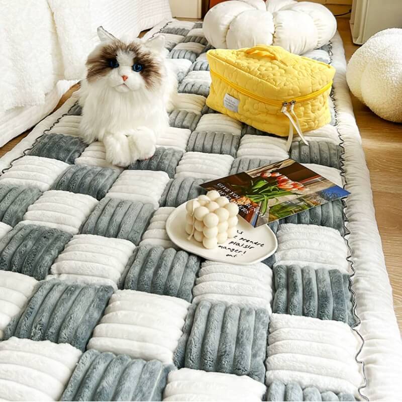 Cream-colored Large Plaid Square Pet Dog Mat Bed Couch Cover