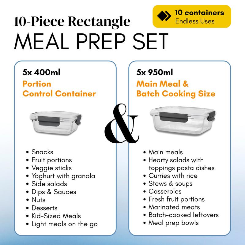 Glass Meal Prep Containers with Airtight Lids – Set of 10 – Reusable Glass Food Storage Containers with Lids – Leakproof, Freezer, Oven, Microwave & Dishwasher Safe