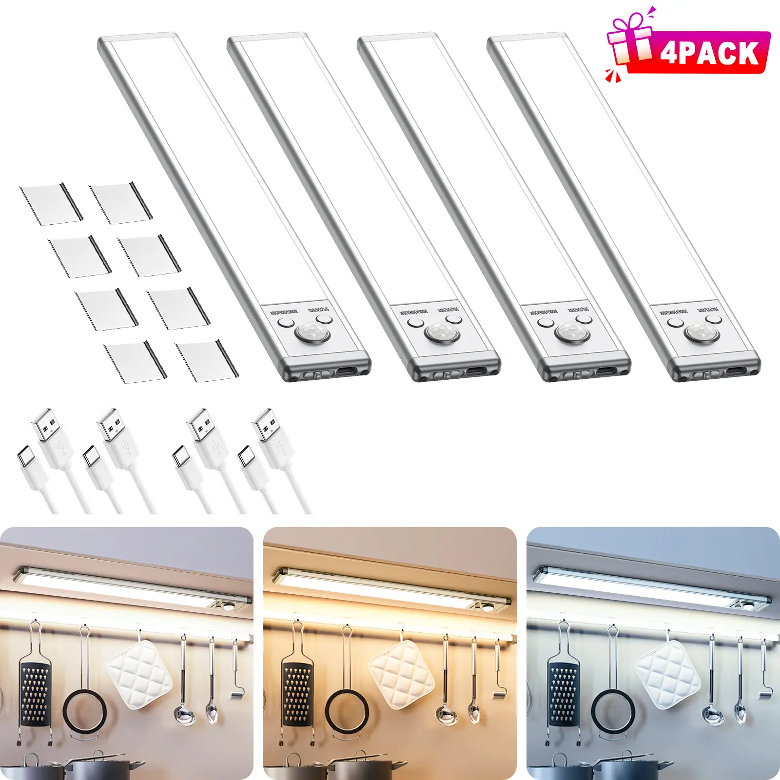 Under Cabinet Lighting, 4 Pack Motion Sensor Light Indoor, 76 LED USB Rechargeable Battery Operated, 3 Levels Dimmable Magnetic Closet Lights