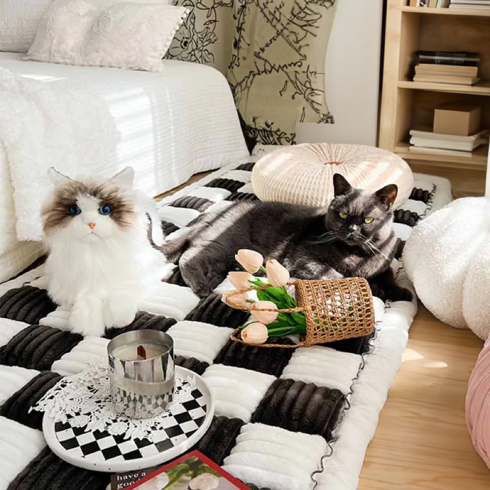 Cream-colored Large Plaid Square Pet Dog Mat Bed Couch Cover