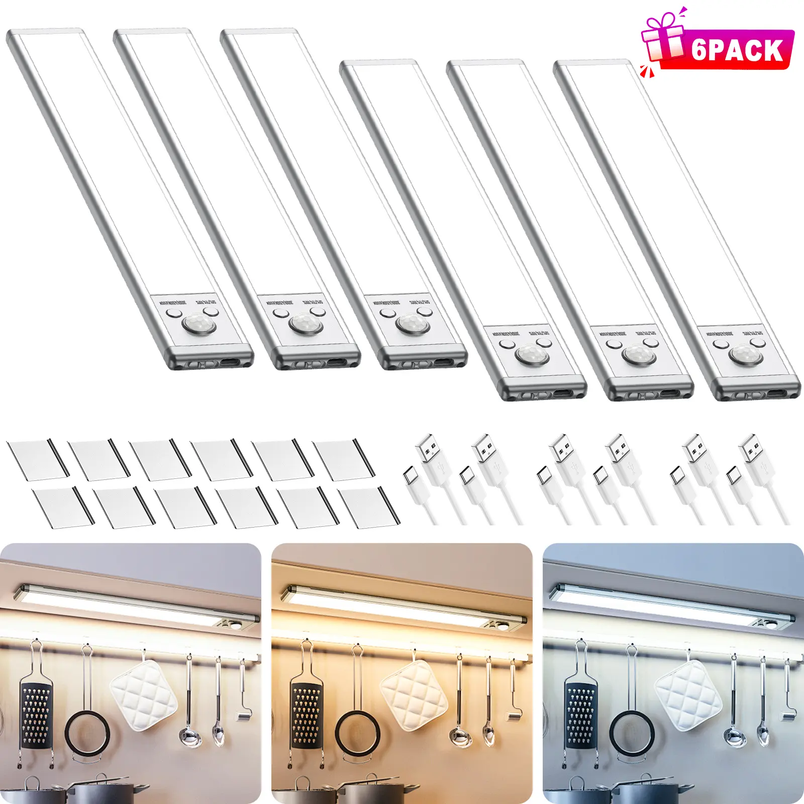 Under Cabinet Lighting, 4 Pack Motion Sensor Light Indoor, 76 LED USB Rechargeable Battery Operated, 3 Levels Dimmable Magnetic Closet Lights