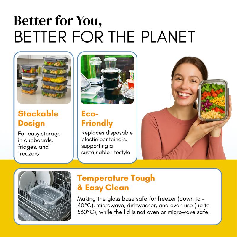 Glass Meal Prep Containers with Airtight Lids – Set of 10 – Reusable Glass Food Storage Containers with Lids – Leakproof, Freezer, Oven, Microwave & Dishwasher Safe