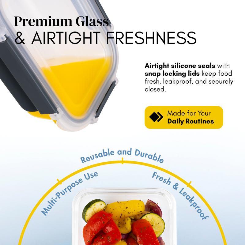 Glass Meal Prep Containers with Airtight Lids – Set of 10 – Reusable Glass Food Storage Containers with Lids – Leakproof, Freezer, Oven, Microwave & Dishwasher Safe