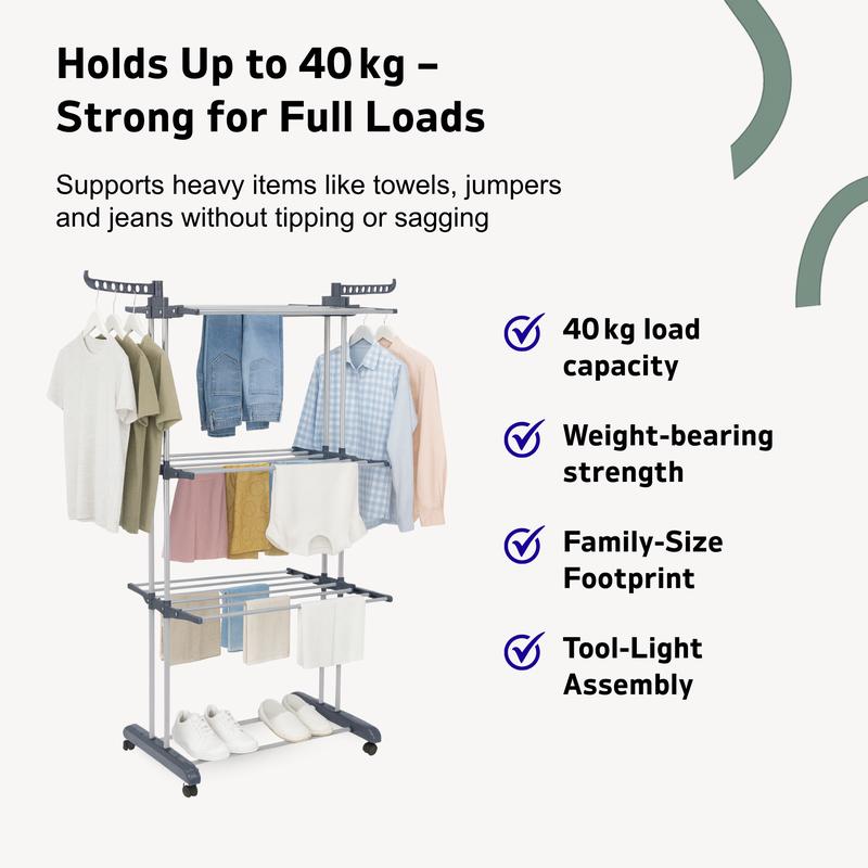 4-Tier Winged Clothes Airer – Foldable Clothes Drying Rack with Wheels for Indoor/Outdoor Use, Heavy-Duty Laundry Airer, Dryer rack, 76×50×172 cm
