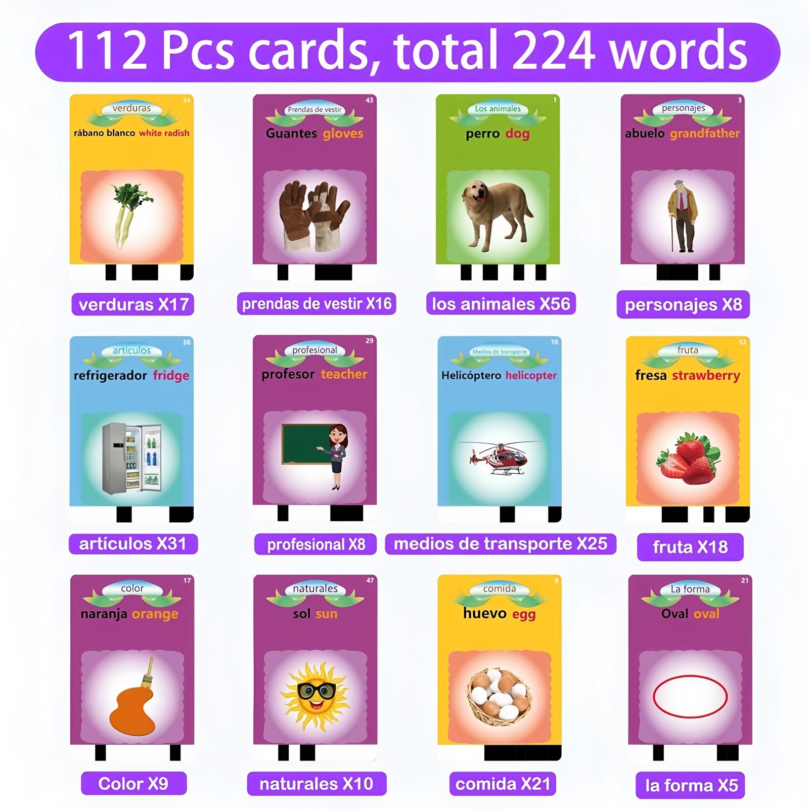 KIDGENIUS Bilingual English & Spanish Talking Flash Cards for Toddlers - 224 Sight Words Interactive Educational Toy for Kids Ages 1-8 - Perfect for Children’s Day & Summer Holidays Learning Vocabulary Interaction Outdoorfun