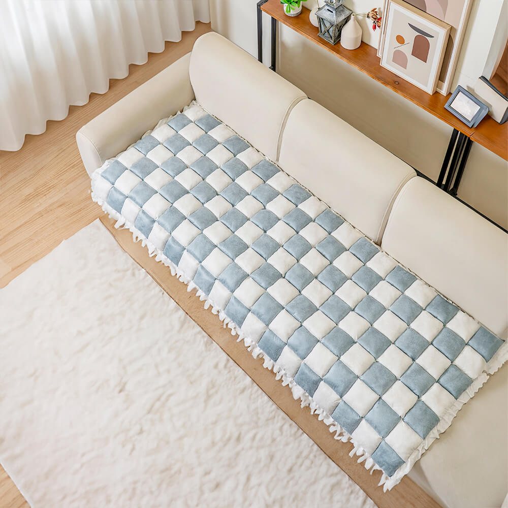 Cream-colored Large Plaid Square Pet Dog Mat Bed Couch Cover