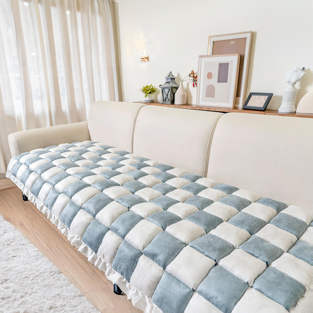 Cream-colored Large Plaid Square Pet Dog Mat Bed Couch Cover