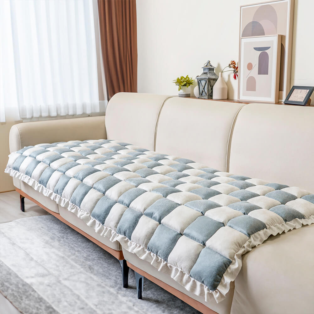 Cream-colored Large Plaid Square Pet Dog Mat Bed Couch Cover
