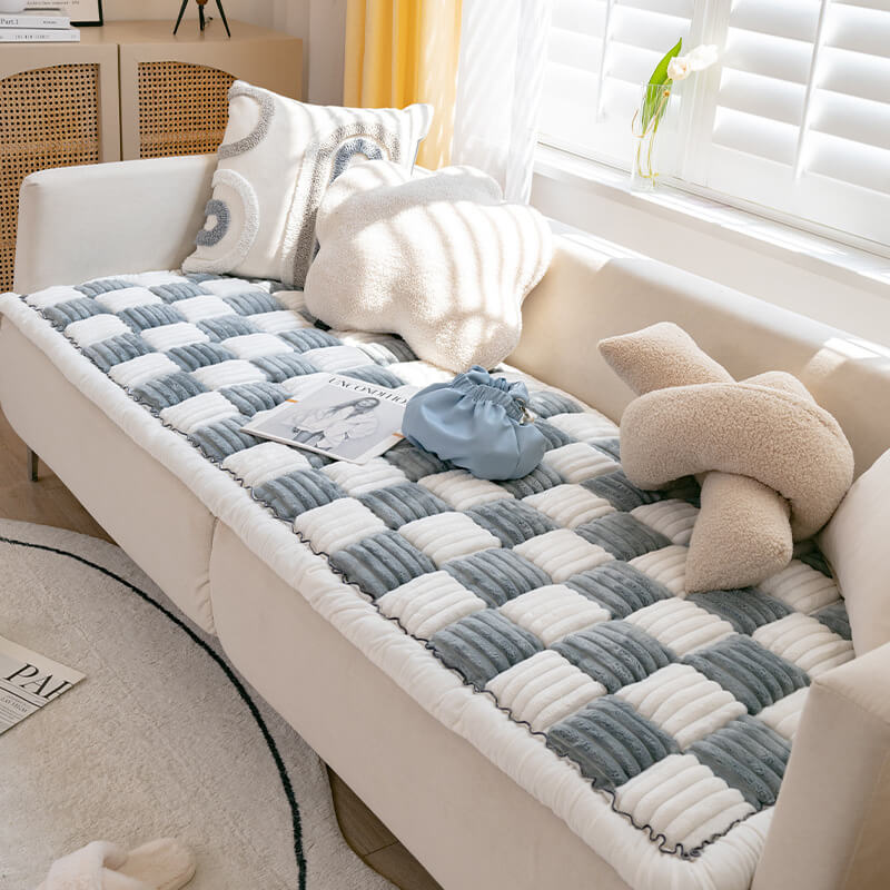 Cream-colored Large Plaid Square Pet Dog Mat Bed Couch Cover