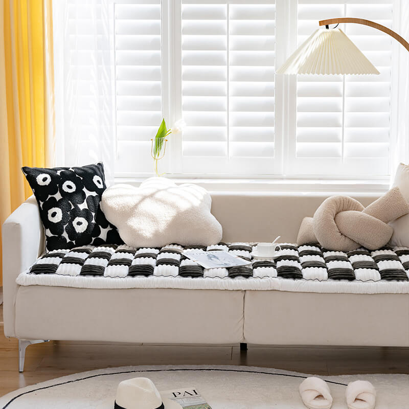 Cream-colored Large Plaid Square Pet Dog Mat Bed Couch Cover
