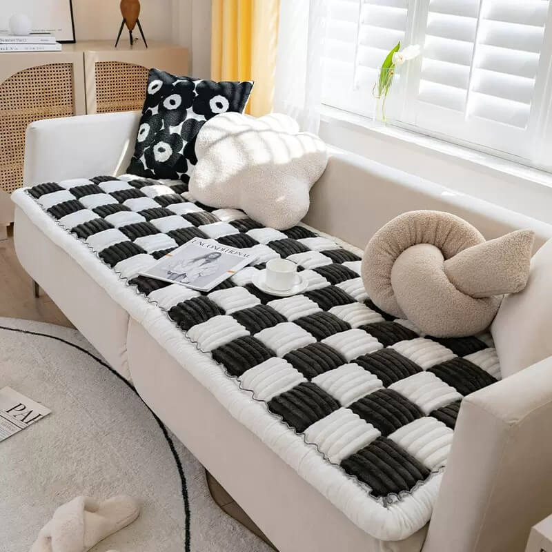 Cream-colored Large Plaid Square Pet Dog Mat Bed Couch Cover