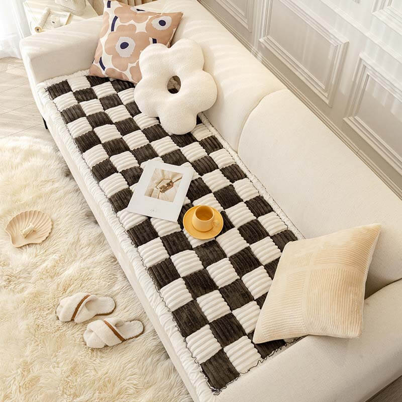 Cream-colored Large Plaid Square Pet Dog Mat Bed Couch Cover