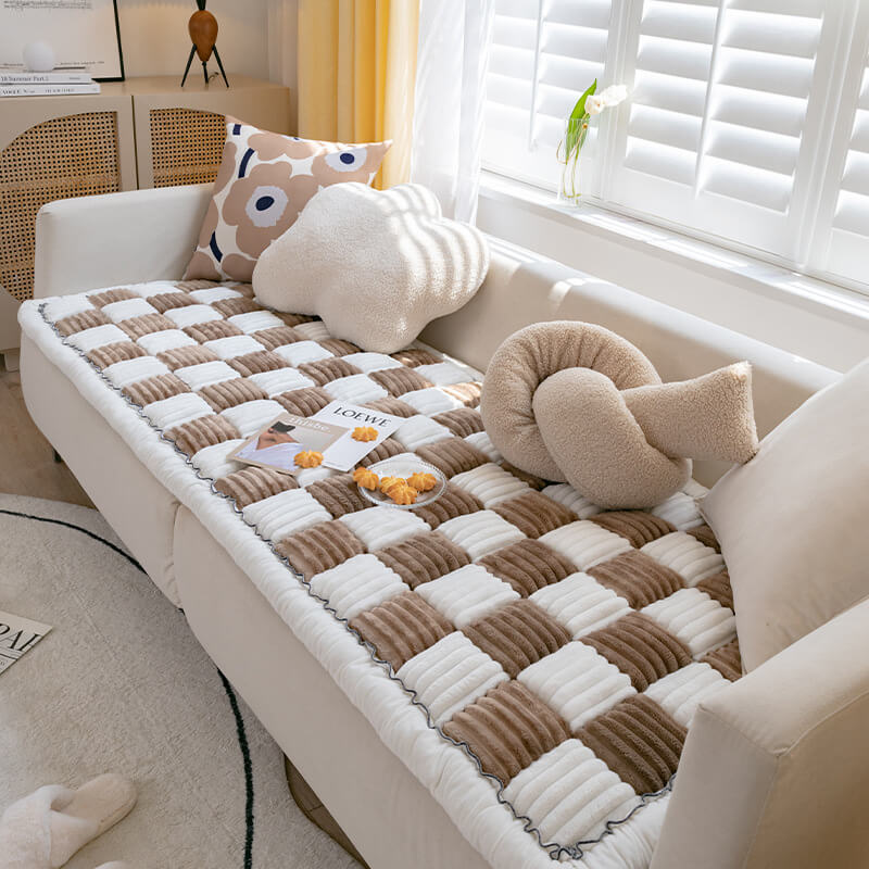 Cream-colored Large Plaid Square Pet Dog Mat Bed Couch Cover