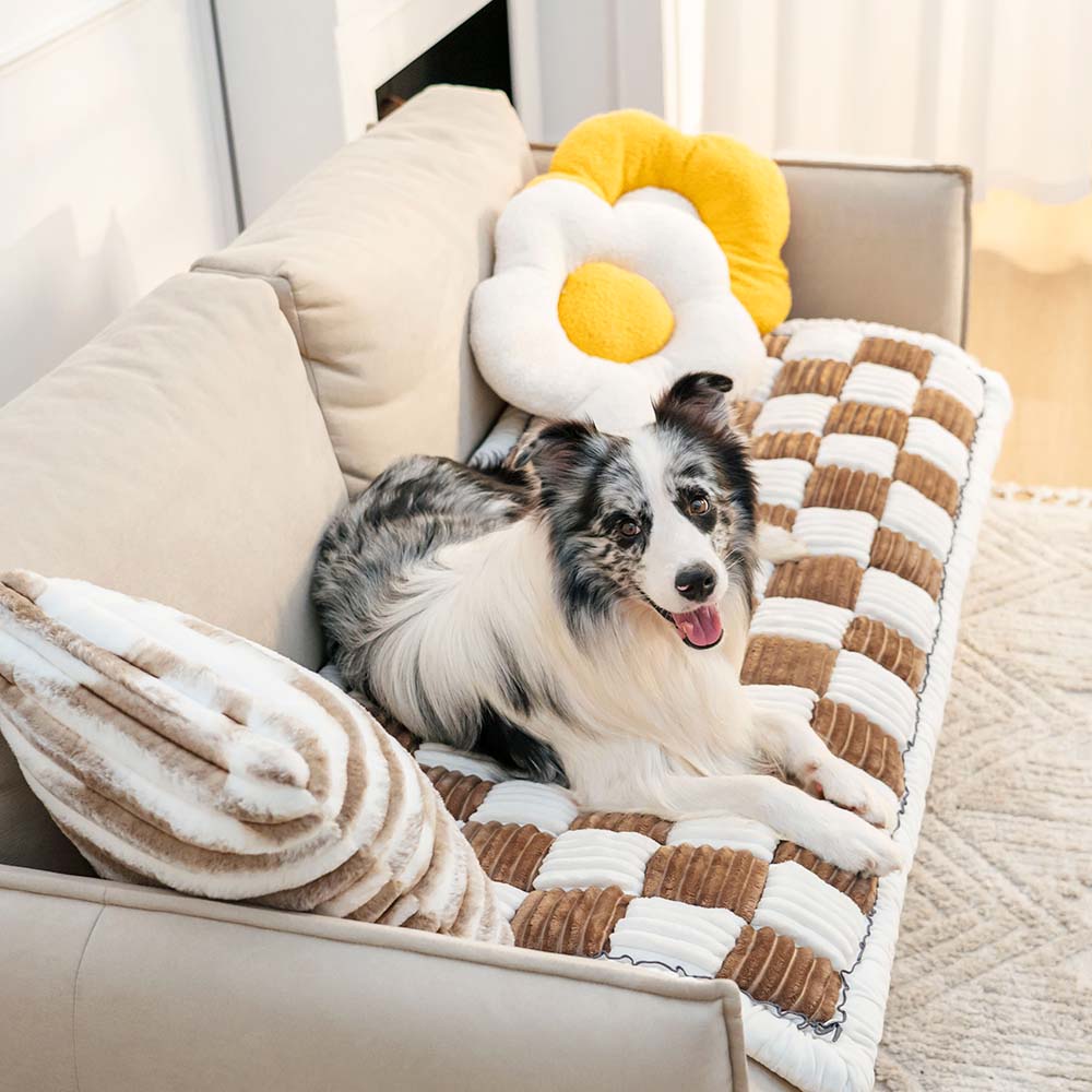 Cream-colored Large Plaid Square Pet Dog Mat Bed Couch Cover