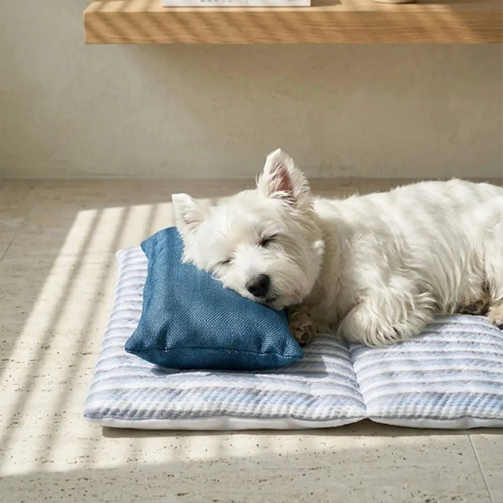 Refreshing Striped Cooling Ice Silk Non-Slip Dog Mat with Pillow