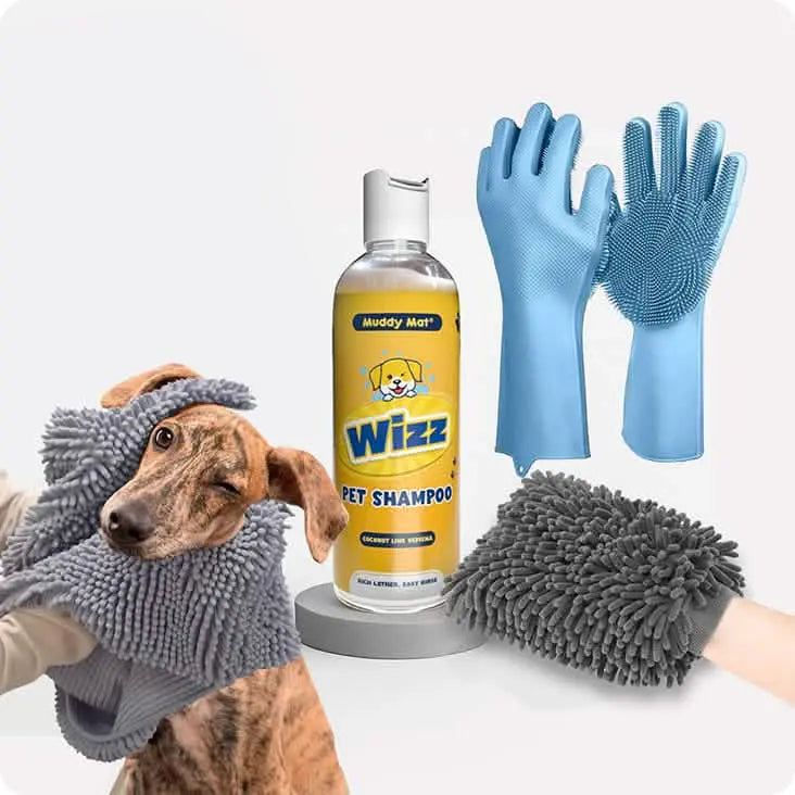 Ruannuan Dog Grooming Bundle – Rubber Scrubbers, Doggy Dryer, Muddy Mitt & Aloe Vera & Oatmeal Dog Shampoo for Itchy Skin Relief, Smelly Dogs & Sensitive Coats – 17 oz