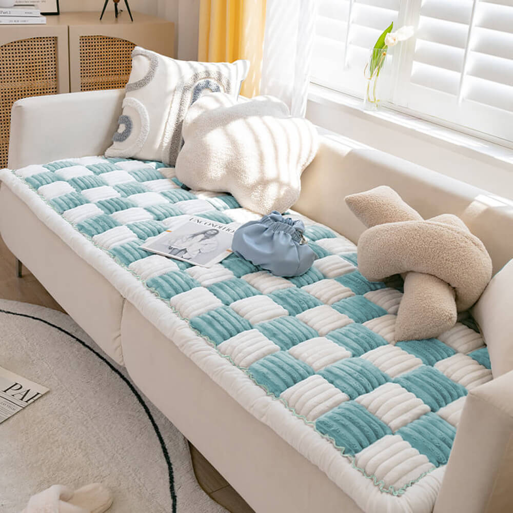Cream-colored Large Plaid Square Pet Dog Mat Bed Couch Cover