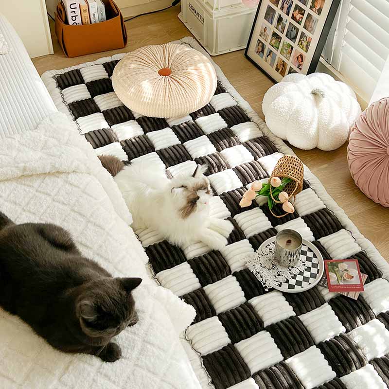 Cream-colored Large Plaid Square Pet Dog Mat Bed Couch Cover
