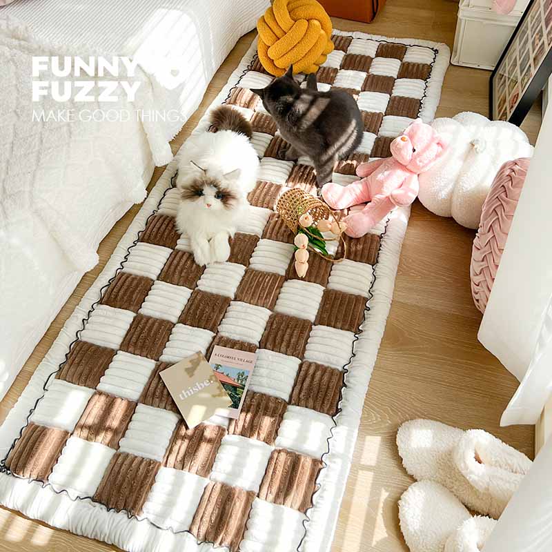 Cream-colored Large Plaid Square Pet Dog Mat Bed Couch Cover