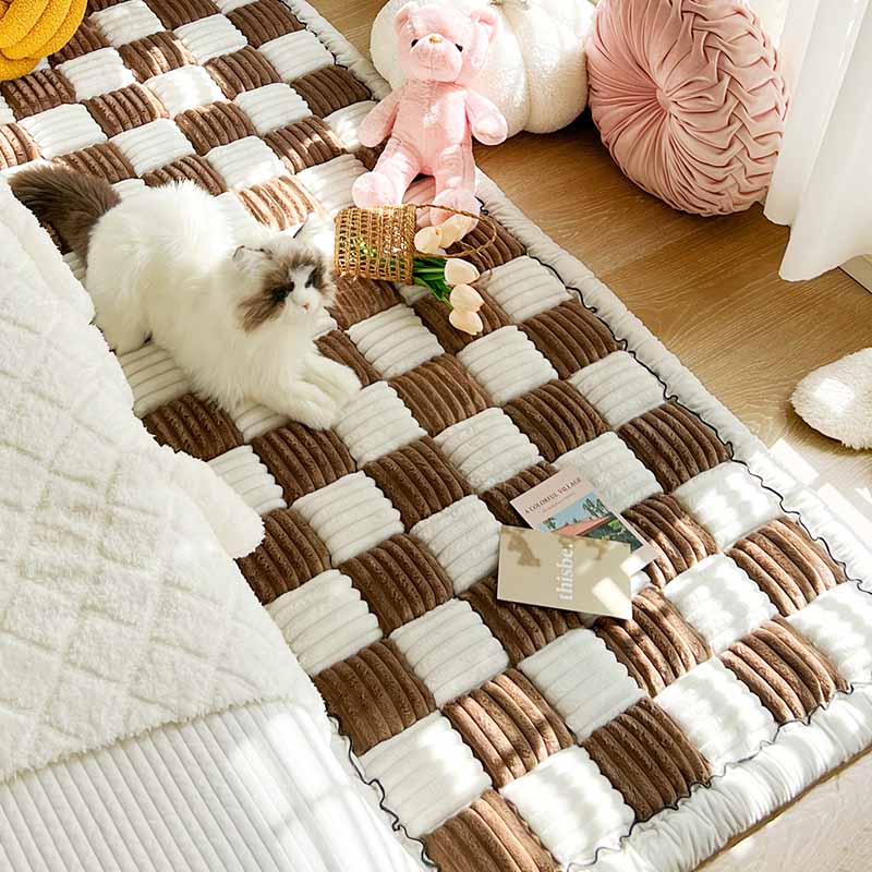 Cream-colored Large Plaid Square Pet Dog Mat Bed Couch Cover