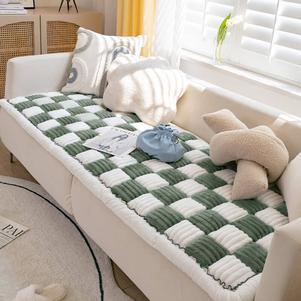 Cream-colored Large Plaid Square Pet Dog Mat Bed Couch Cover