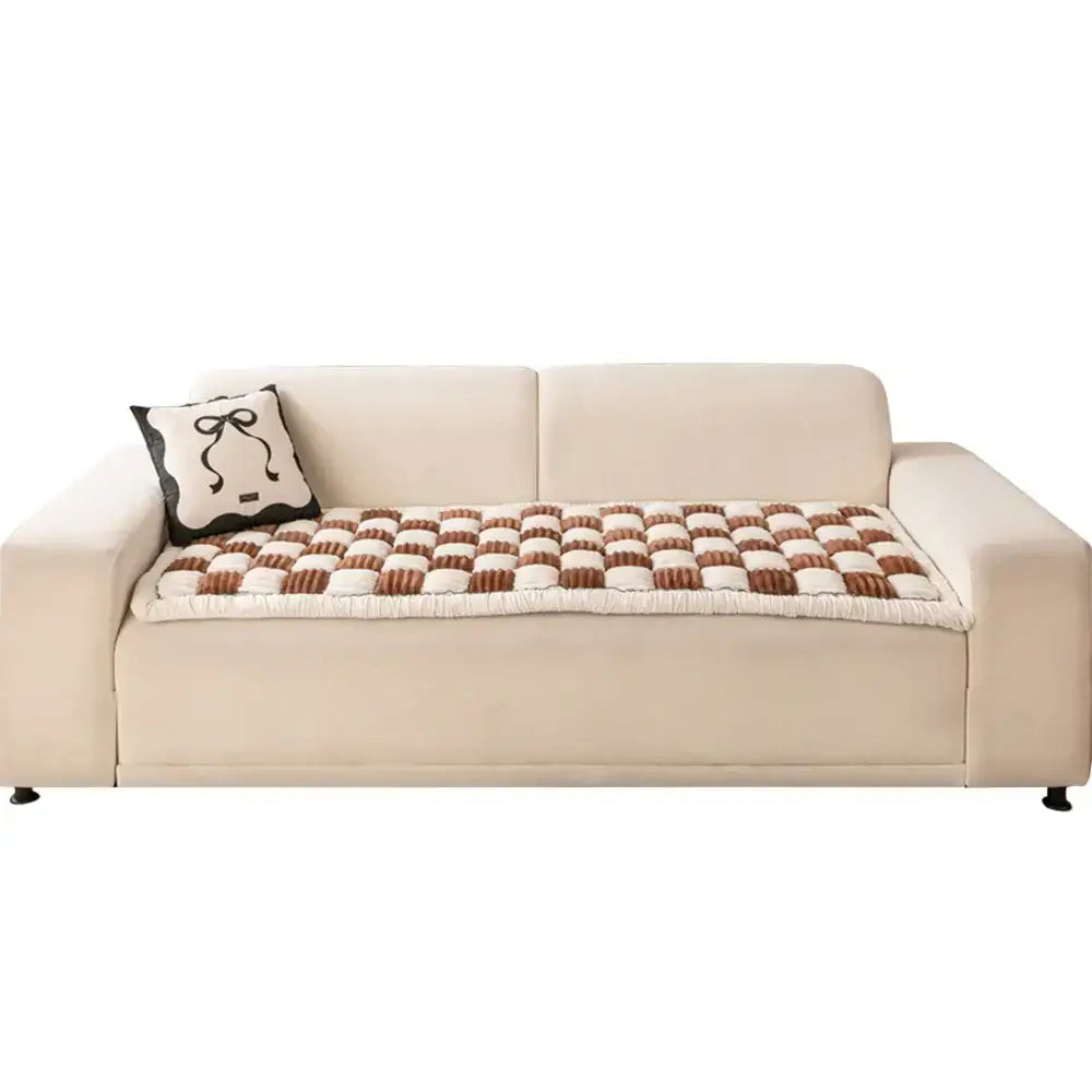 Cream-colored Large Plaid Square Pet Dog Mat Bed Couch Cover