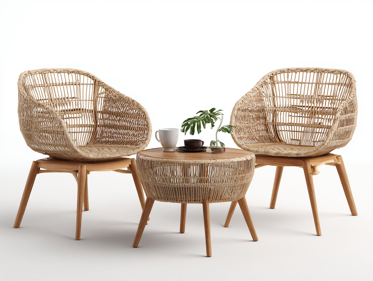 Salon de jardin pour terrasse avec table ronde et fauteuils 60x60x45 cm - Bois naturel et fibres tressées - Style naturel-Havengetloft
