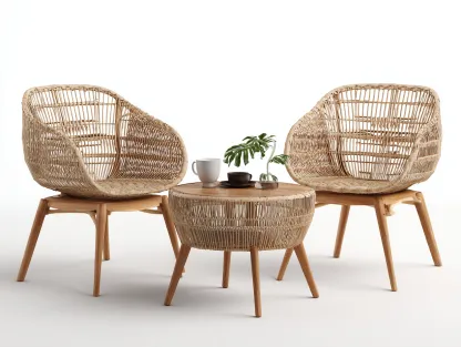 Salon de jardin pour terrasse avec table ronde et fauteuils 60x60x45 cm - Bois naturel et fibres tressées - Style naturel-Havengetloft