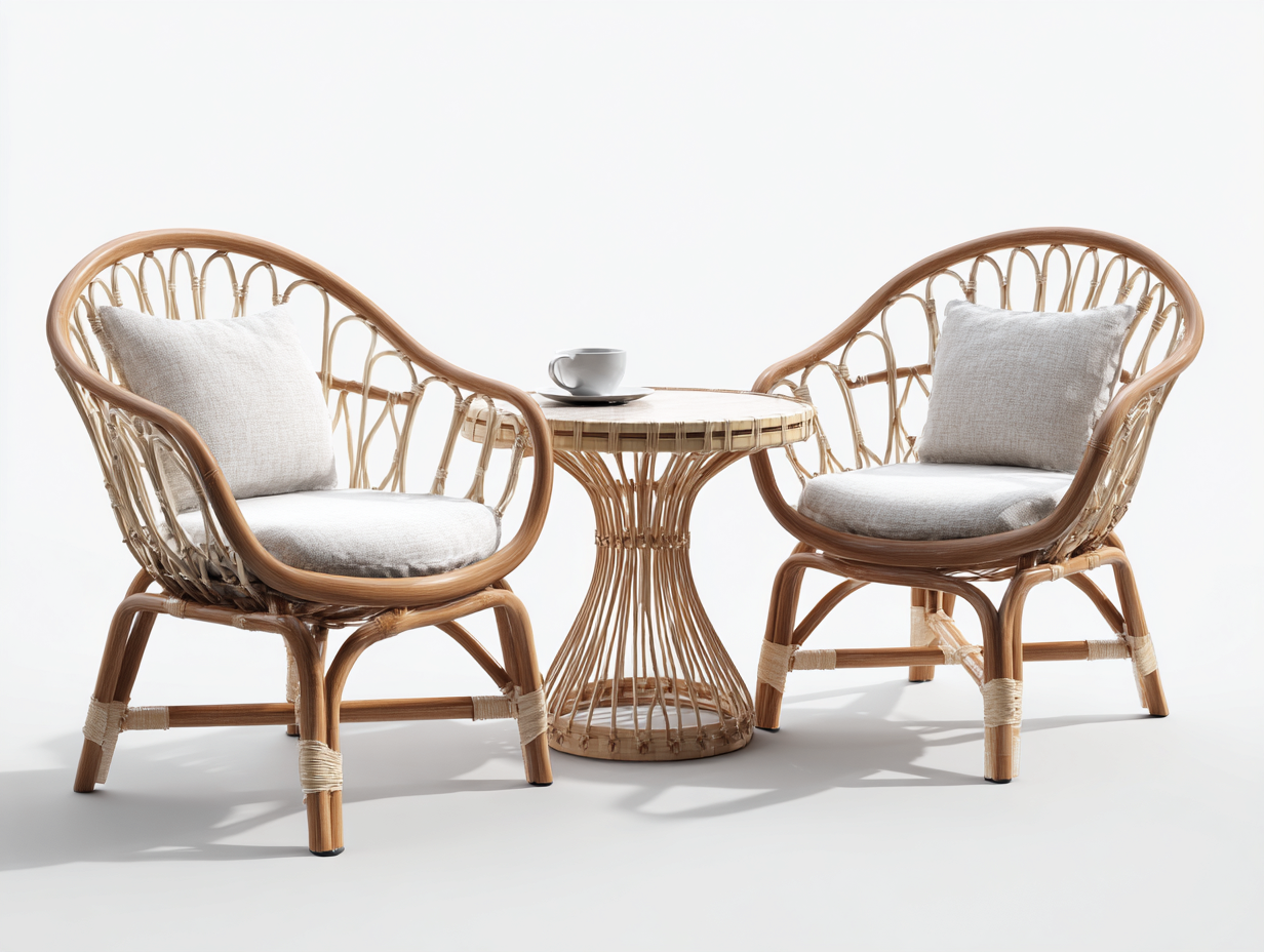 Salon de jardin pour terrasse en rotin et bois 60x60x45 cm - Table ronde et fauteuils - Naturel - Style extérieur-Havengetloft