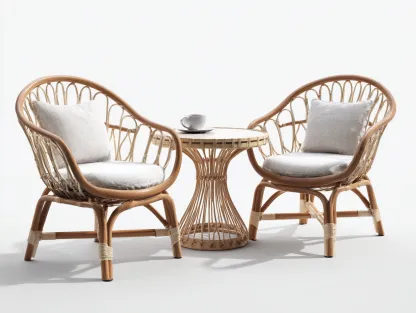 Salon de jardin pour terrasse en rotin et bois 60x60x45 cm - Table ronde et fauteuils - Naturel - Style extérieur-Havengetloft