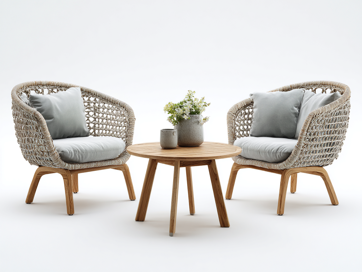 Salon de jardin pour terrasse en bois et corde tressée 60x60x45 cm - Table ronde et fauteuils - Naturel - Style extérieur-Havengetloft